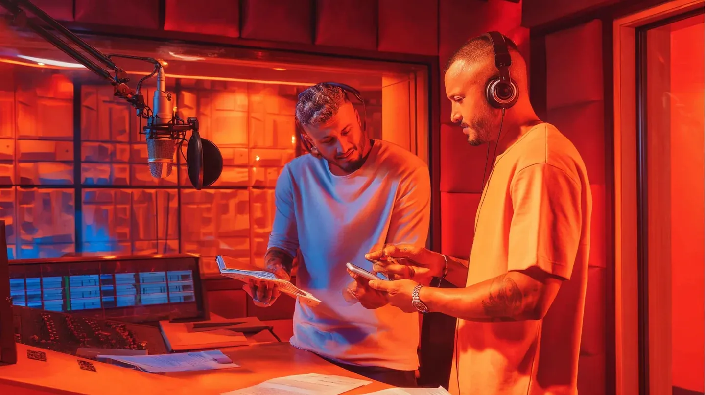 DiDi supplied AI storyboard frame of two men working in a red-lit recording booth