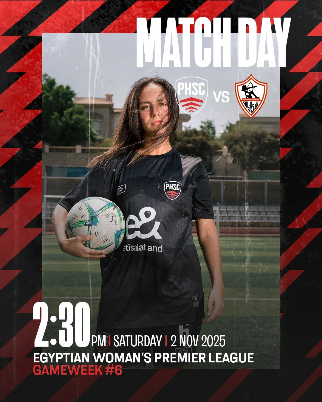 Palm Hills Sports Club matchday artwork with a woman footballer framed by red and black graphics