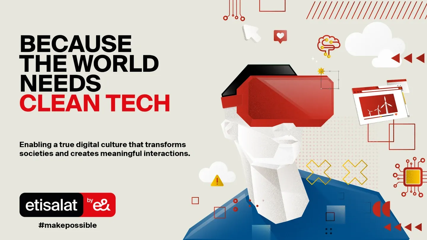 Etisalat by e& clean-tech artwork with a red virtual-reality headset and digital interface graphics