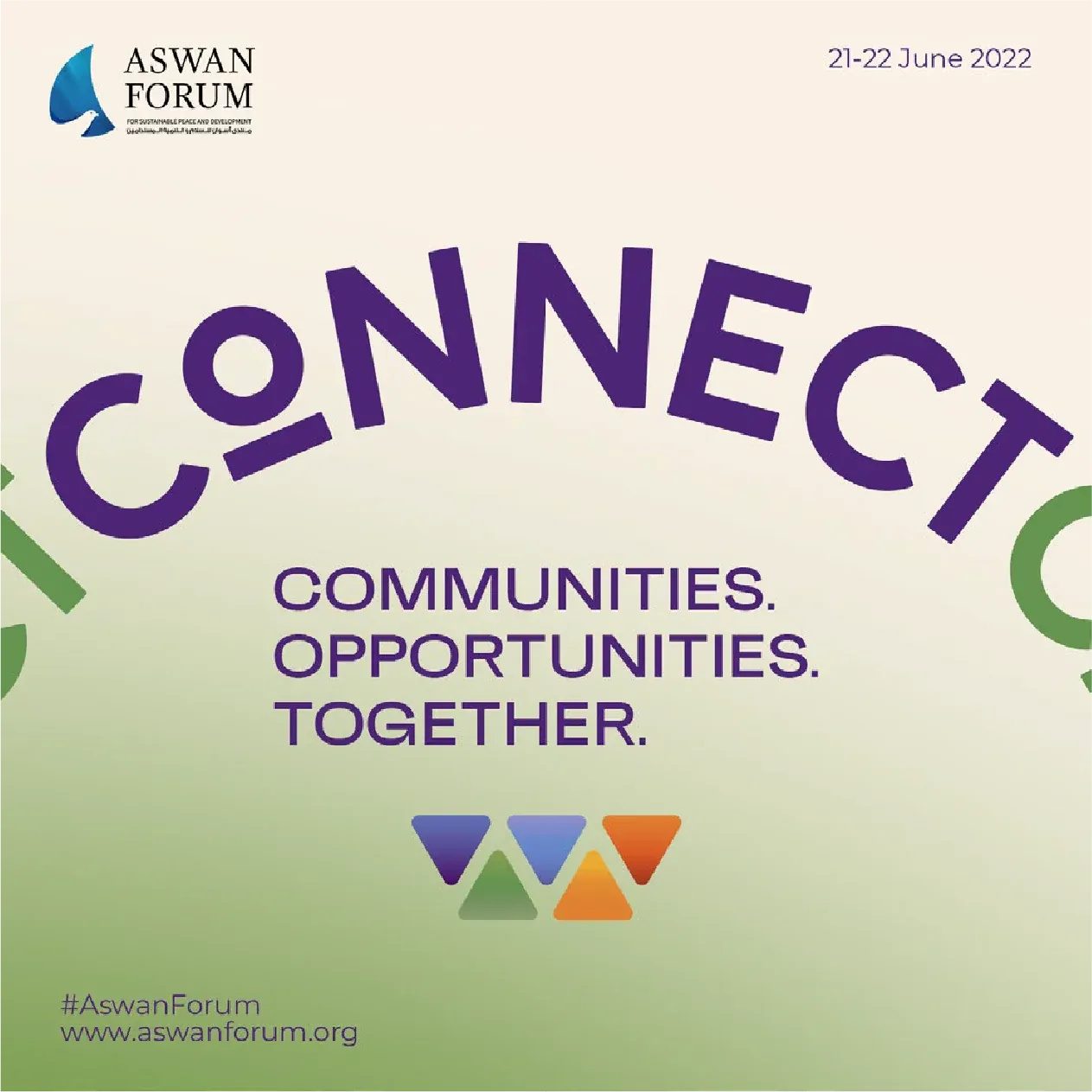 Aswan Forum Connect artwork with curved purple lettering and coloured triangles on pale green