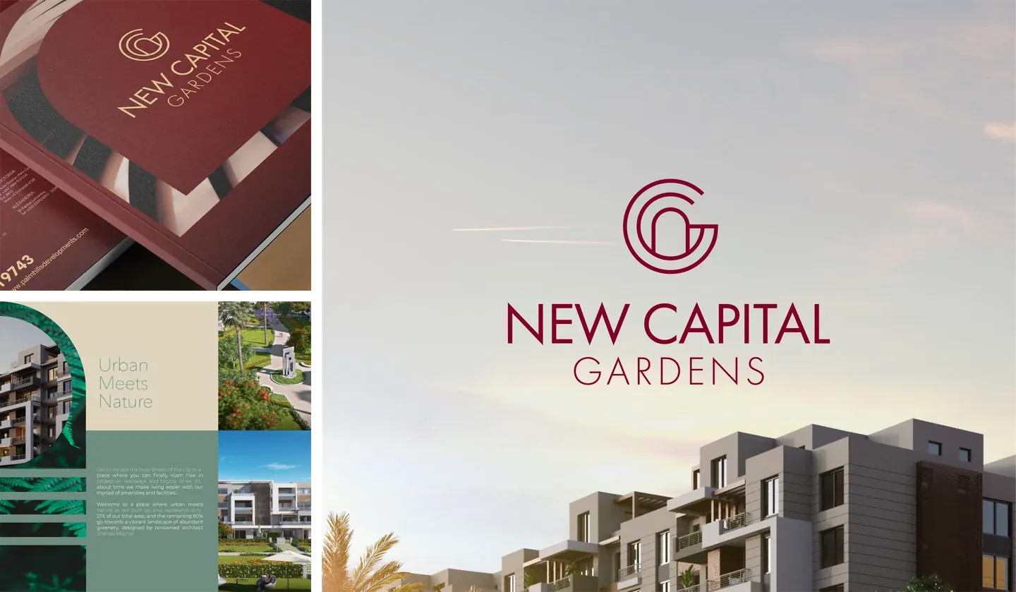 New Capital Gardens brand presentation with a burgundy monogram, brochure mockups and residential architecture