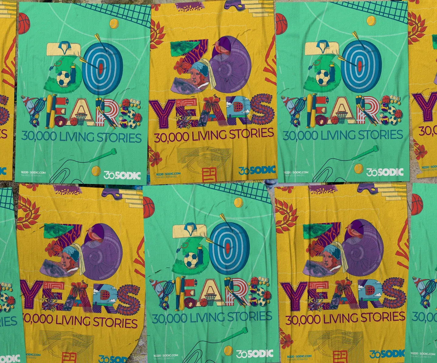 Alternating yellow art and green sports posters for SODIC arranged across a textured wall