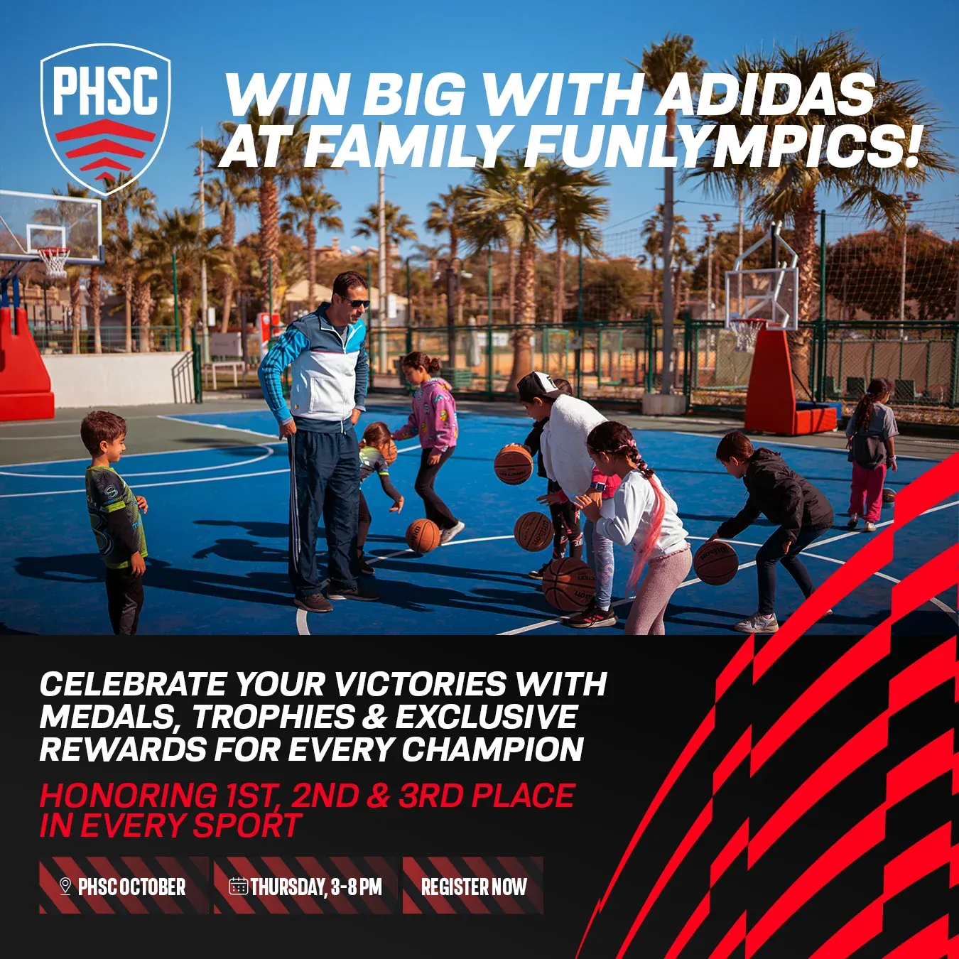Palm Hills Sports Club family sports-day artwork with children on a court and bold white lettering