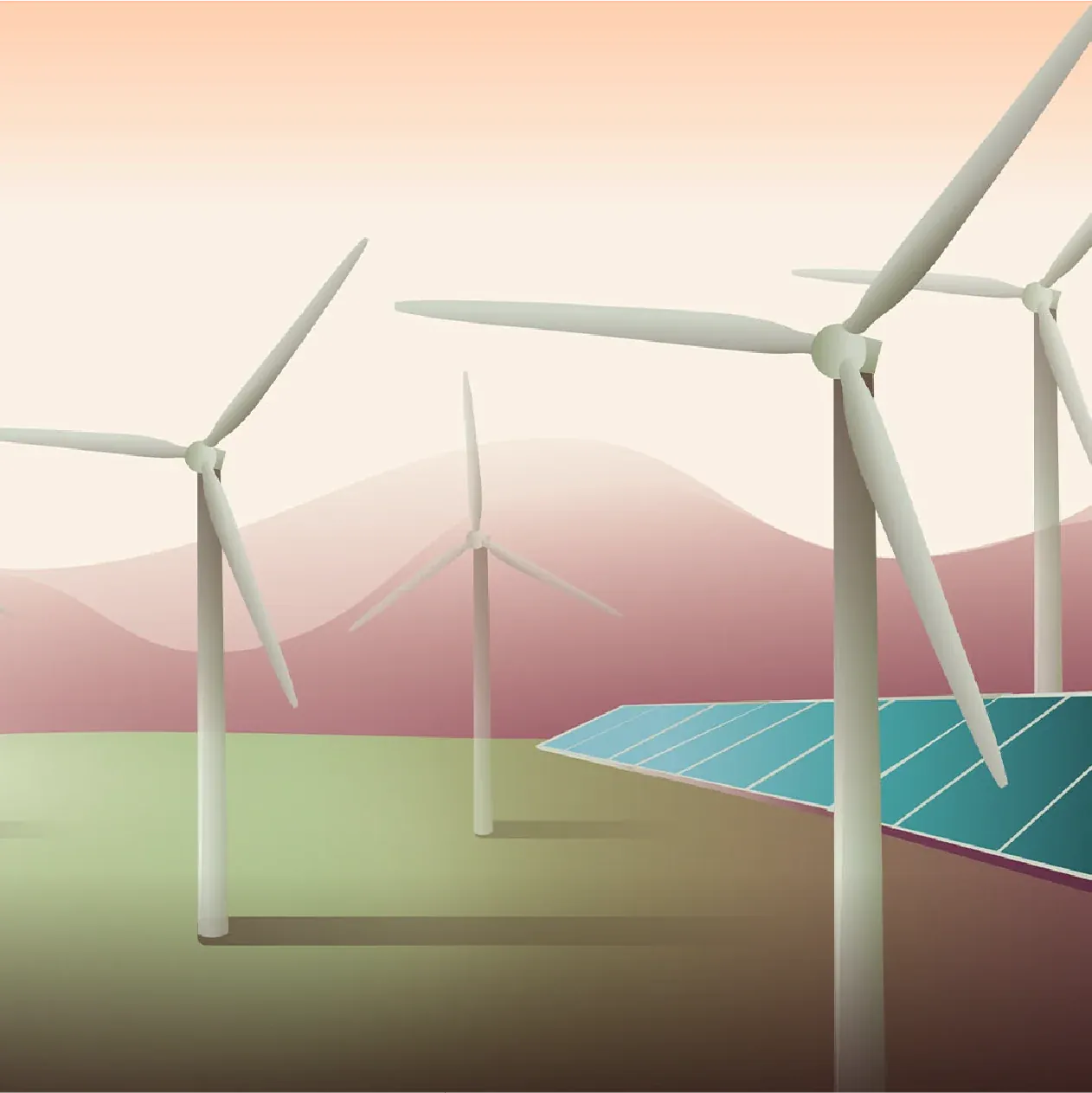 Aswan Forum illustration of wind turbines and solar panels across a pastel landscape