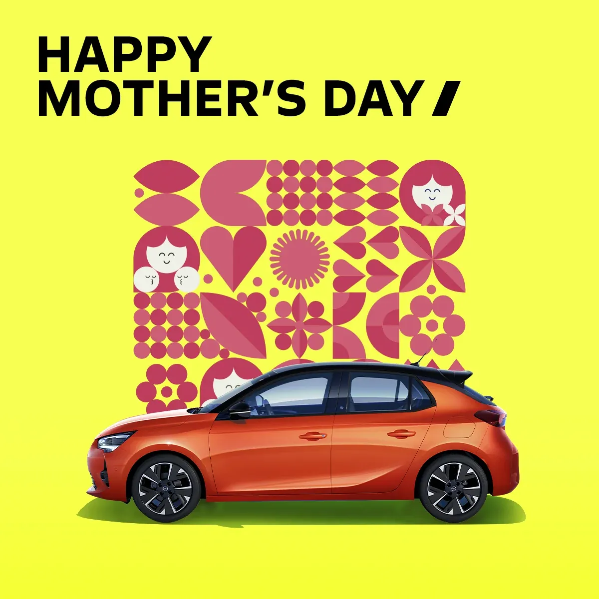 Opel artwork featuring a red car on yellow
