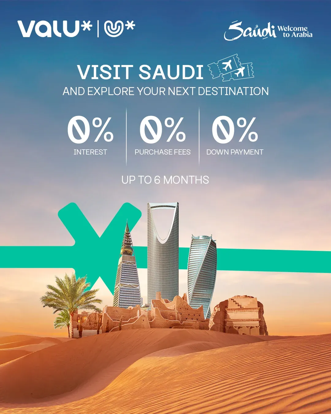 Valu Visit Saudi artwork with desert landmarks, green graphic elements and financing figures