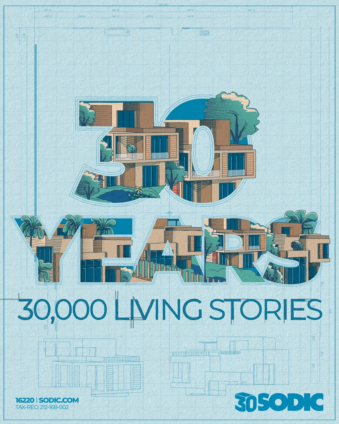 SODIC 30 Years portrait artwork with architectural models forming blue lettering and 30,000 Living Stories