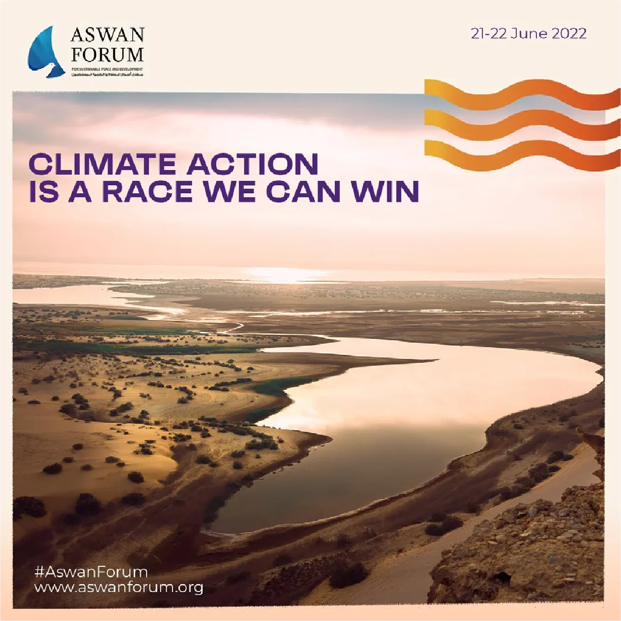 Aswan Forum climate-action post combining a winding river photograph, purple headline and orange waves