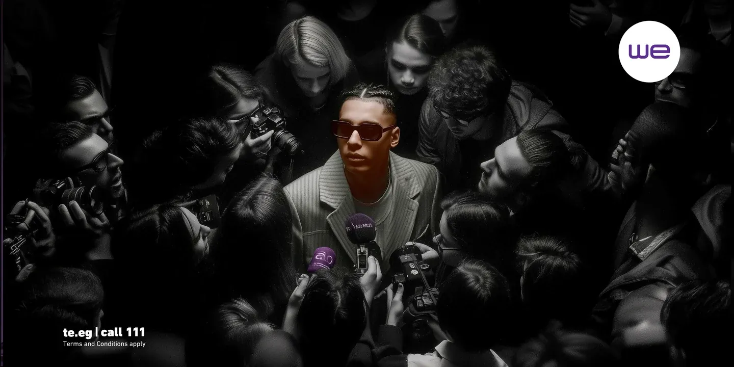 WE artwork with a central portrait in sunglasses surrounded by a monochrome crowd and microphones
