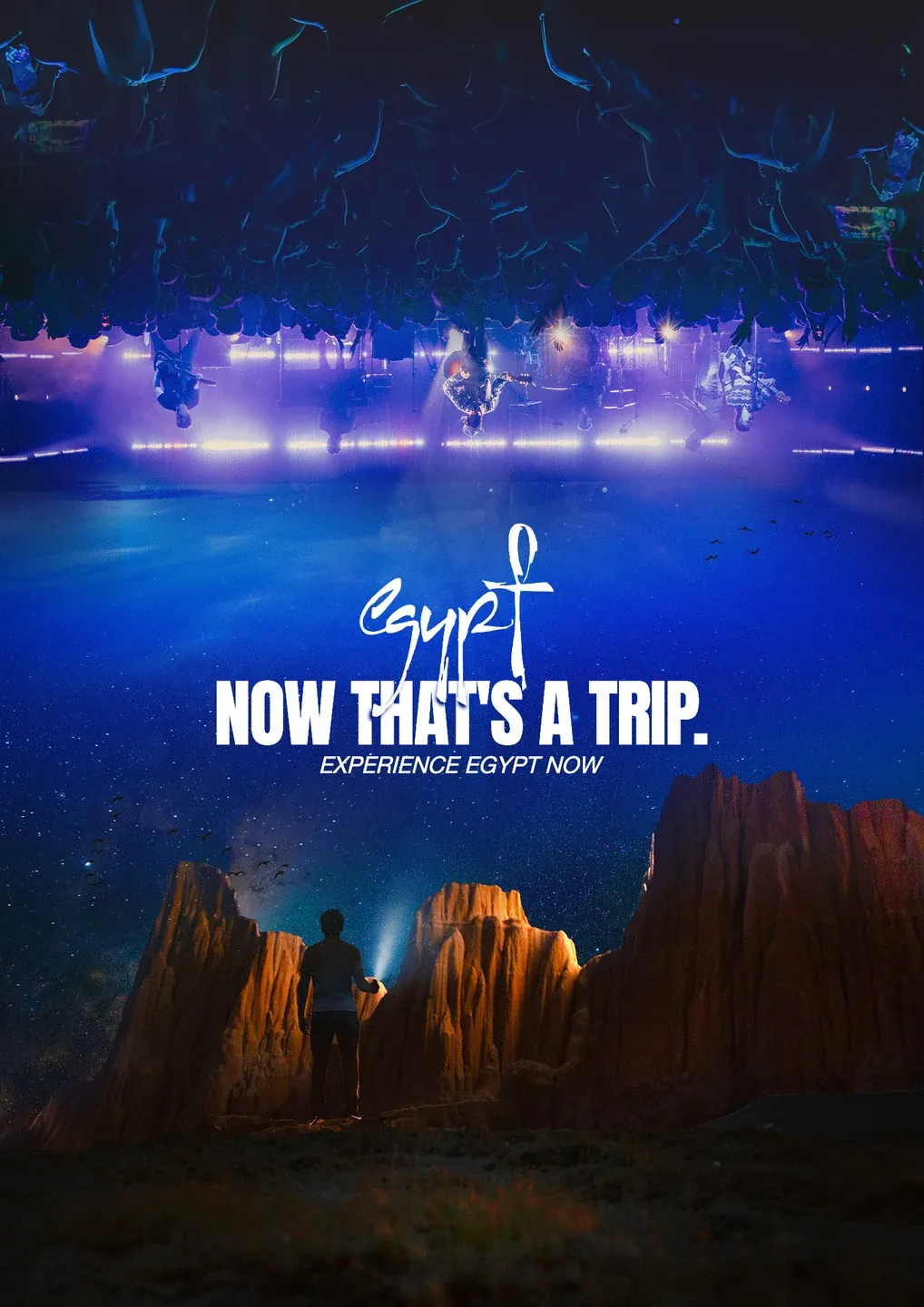 Egypt tourism poster combining illuminated nighttime scenery and rock formations under Now That’s a Trip