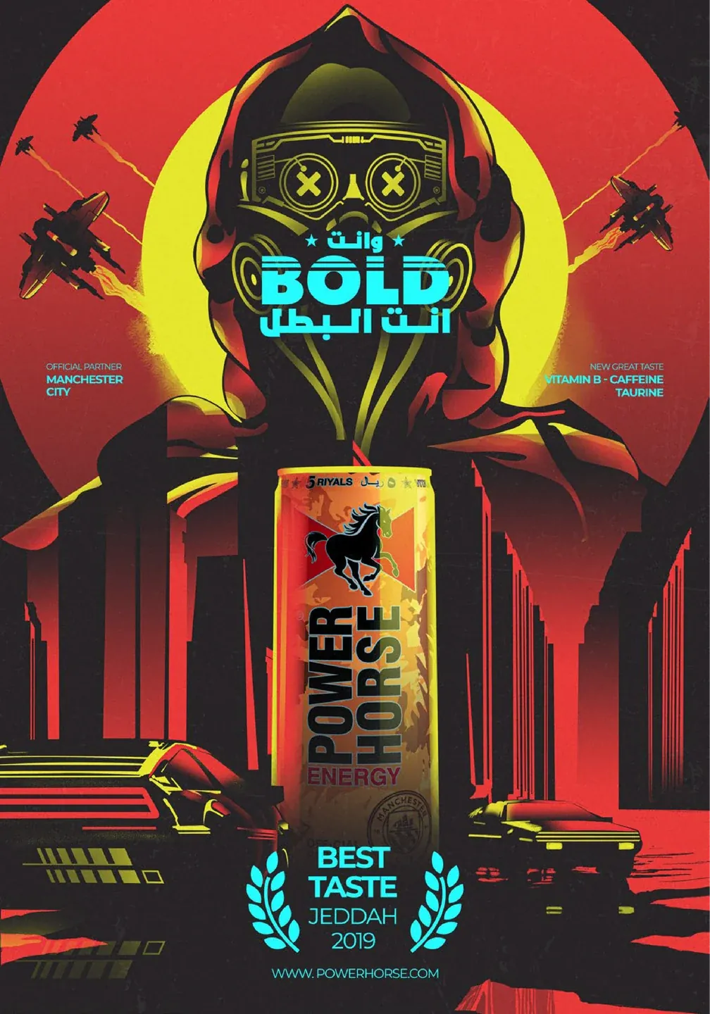 PowerHorse Bold can beneath a masked hooded figure in a red and gold futuristic poster
