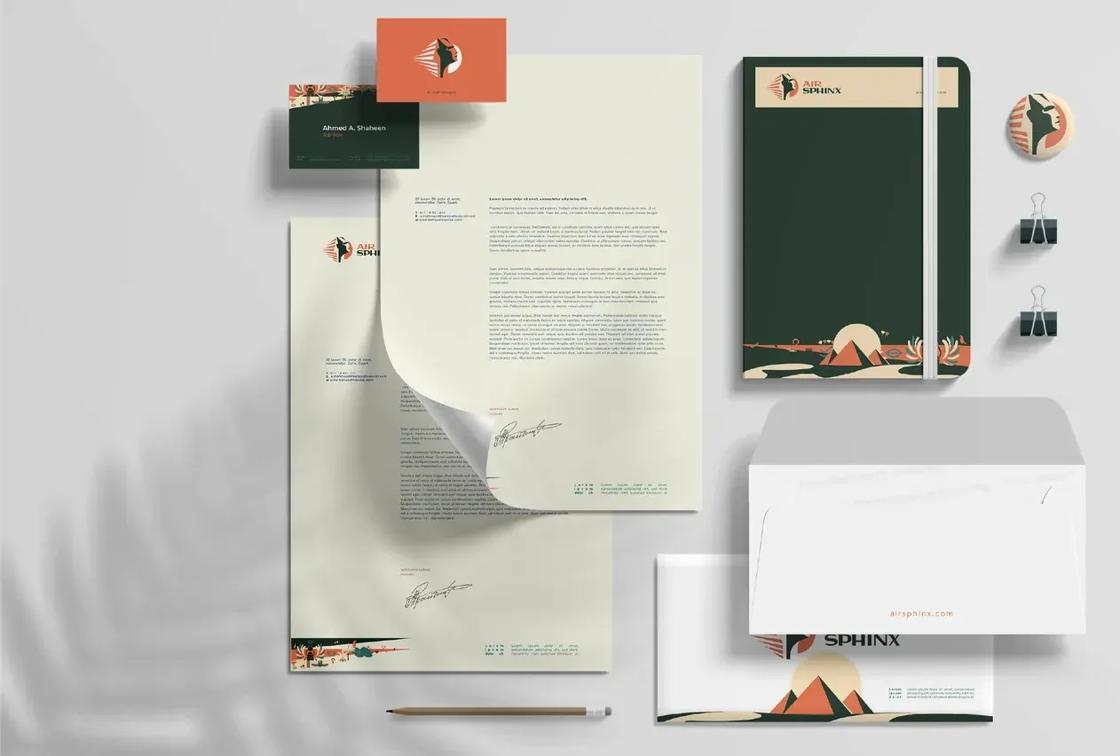 Air Sphinx stationery mockup with business cards, letterhead, envelopes and branded accessories