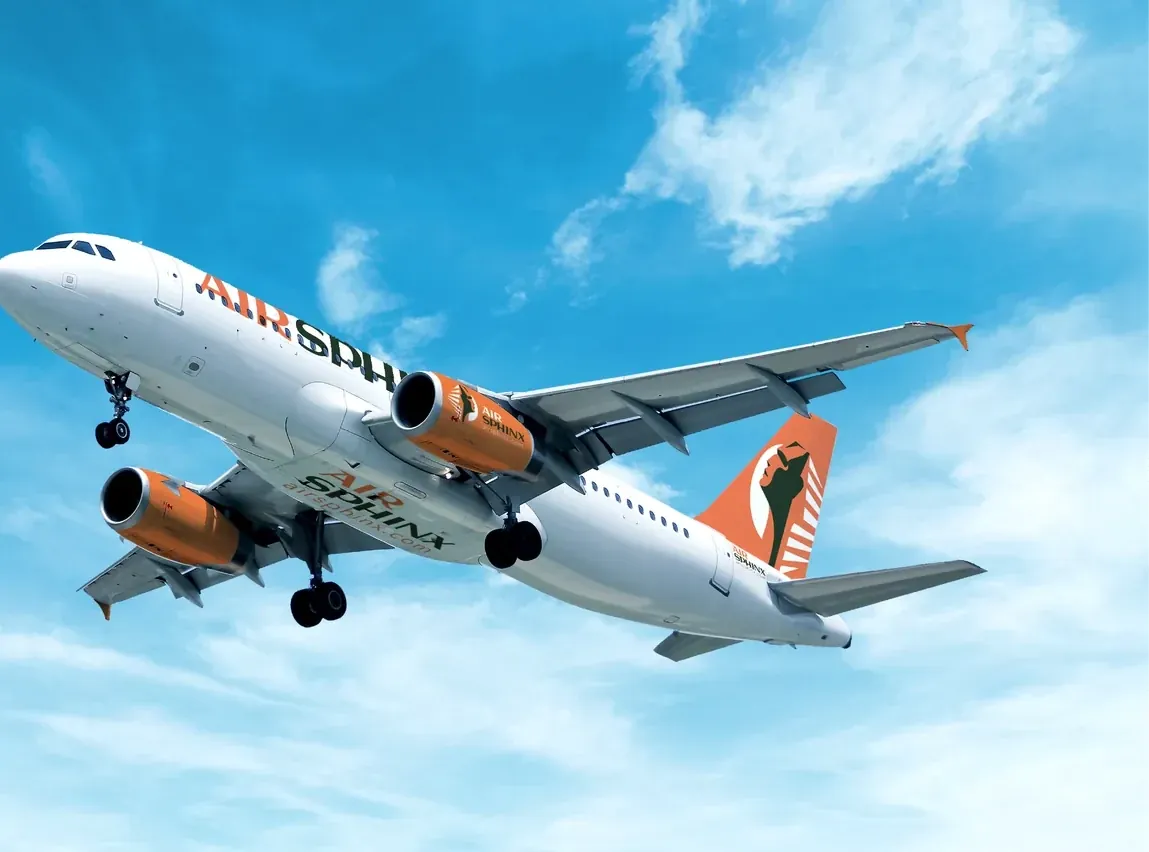 Air Sphinx aircraft livery mockup showing a branded plane against a blue sky