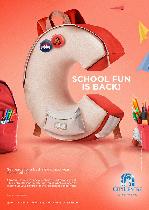 City Centre back-to-school poster: a backpack shaped like the letter C on a coral background