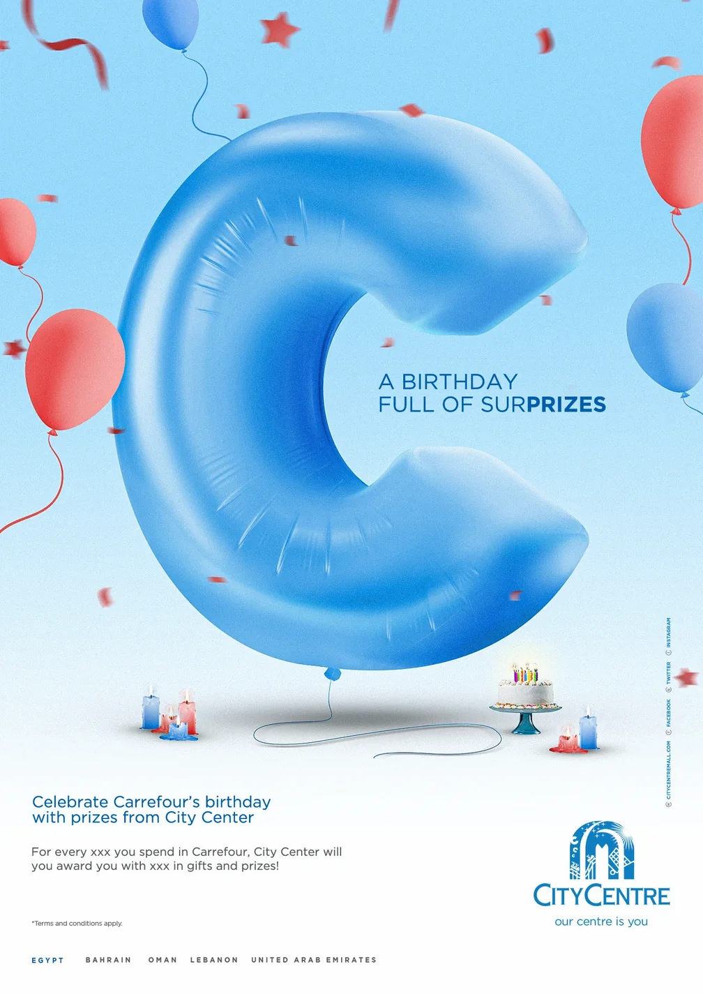 City Centre birthday poster: a big blue balloon shaped like the letter C with candles and a cake